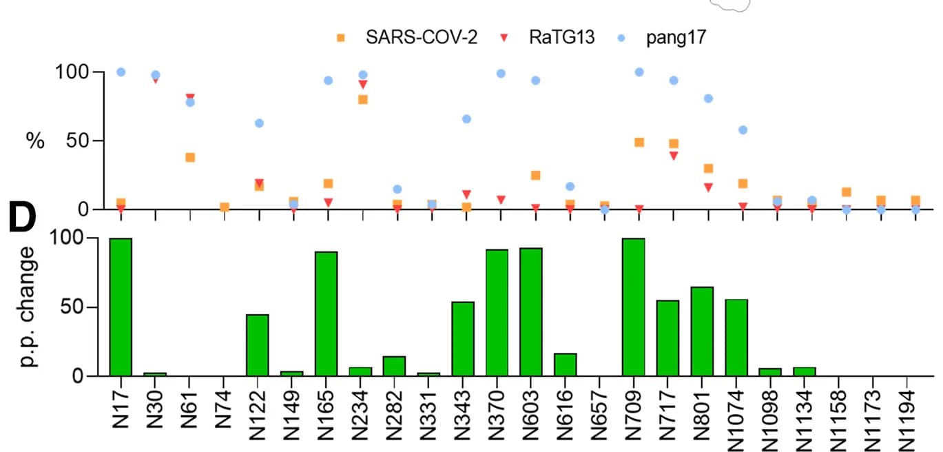 Open access visualization of Bar Plot, Scatter Plot, Oligomannose-type Glycan, Sarbecoviruses, SARS-CoV-2