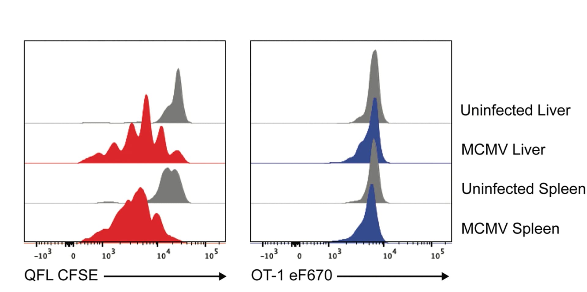 Open access visualization of Line Plot, Density Plot, Flow Cytometry, QFL Cell Proliferation, OT-1 Cell Proliferation