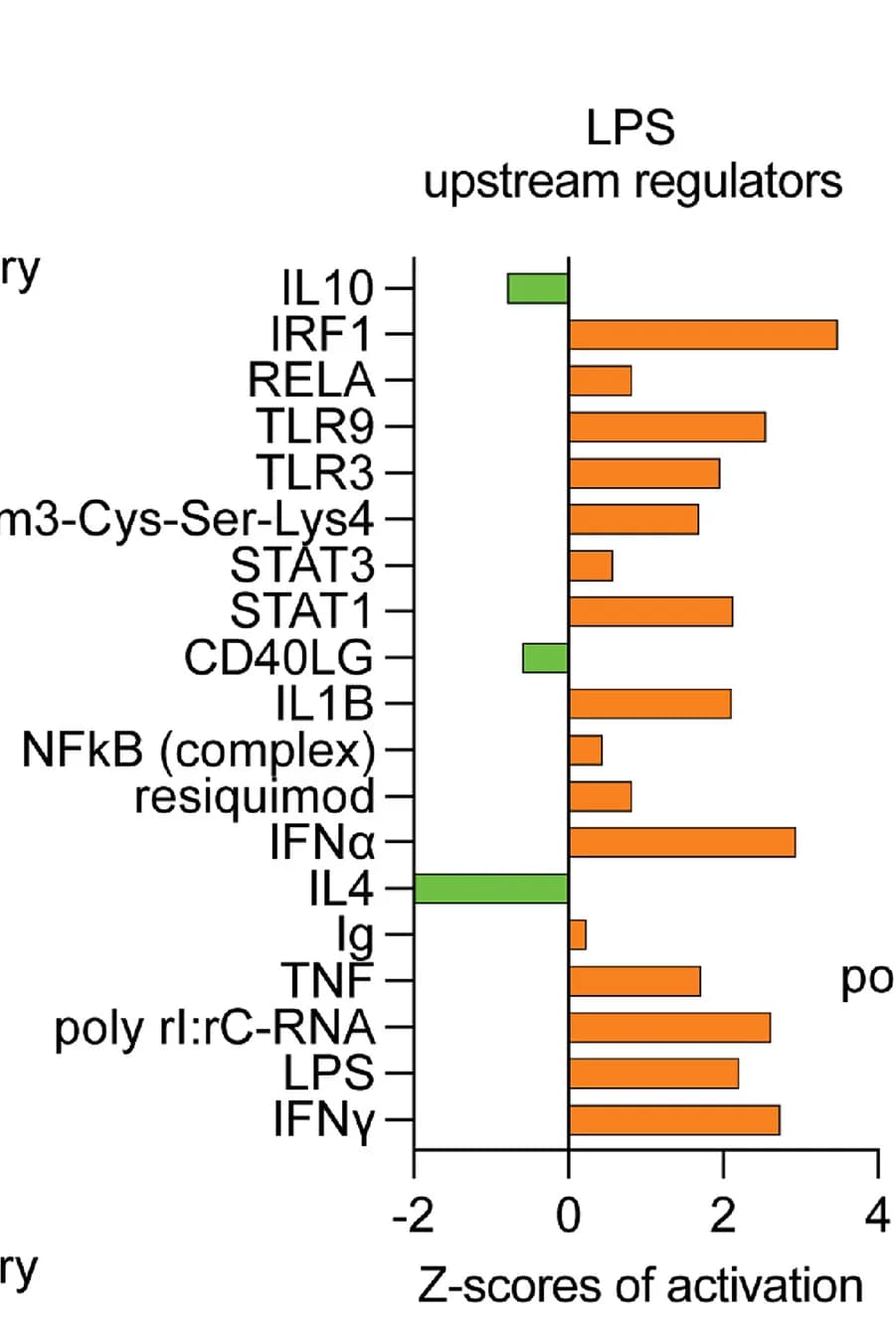Open access visualization of Bar Plot, Activation Z-scores, Upstream regulators, mCD, mWSD