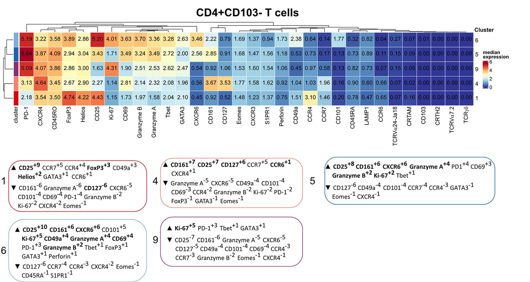 Open access visualization of Heatmap, Clustered, MEM Modeling, Marker Intensities, CD4+ T Cells
