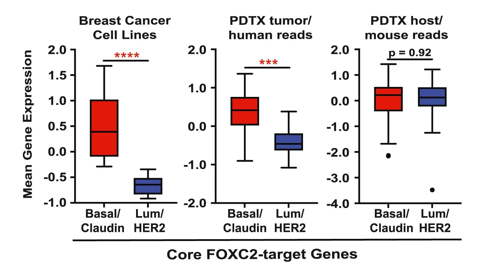 Open access visualization of Box Plot, FOXC2, Breast Cancer Cells, CCLE, PDTX Tumor Cells