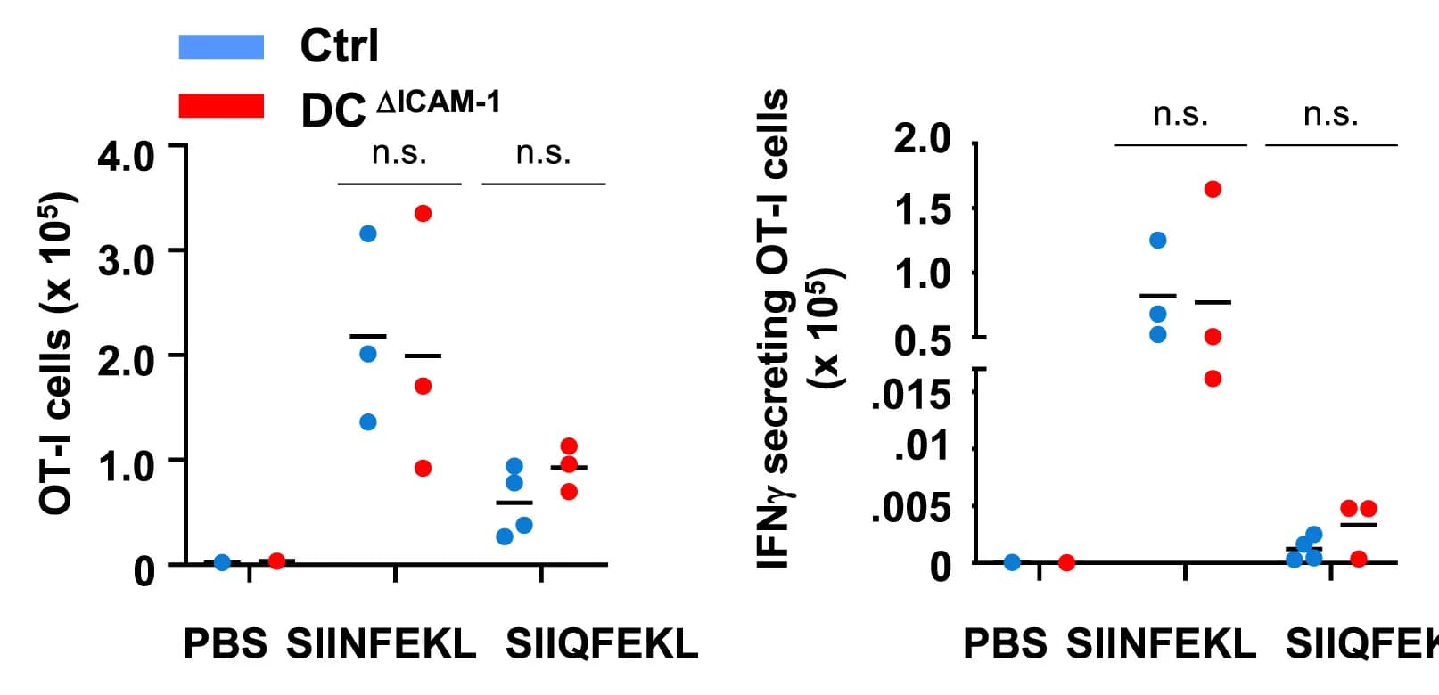 Open access visualization of Scatter Plot, Peptide, aCD40, OT-I CD45.1, Transfer