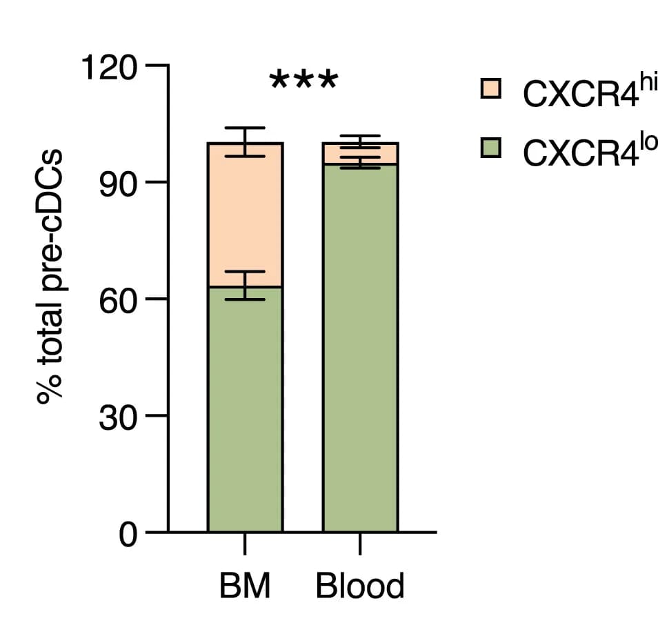 Open access visualization of Stacked Bar Plot, Error Bars, CXCR4hi Cells, CXCR4lo Cells, Pre-cDCs