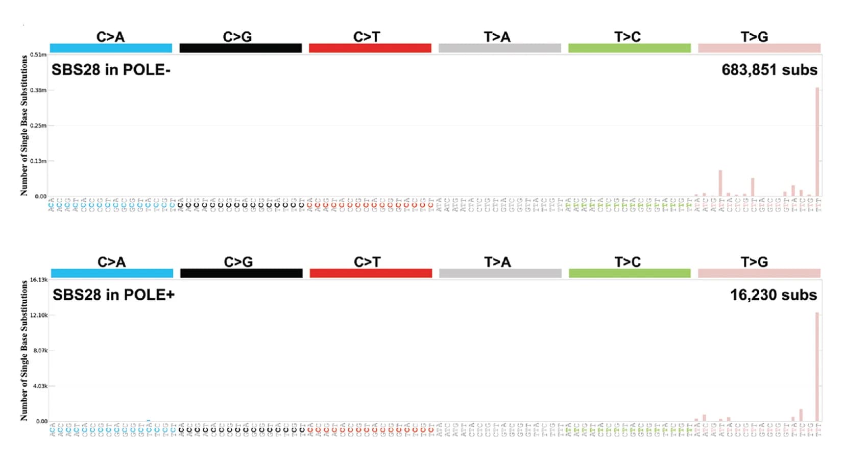 Open access visualization of Bar Plot, Mutational Patterns, SBS28, POLE- samples, POLE+ samples