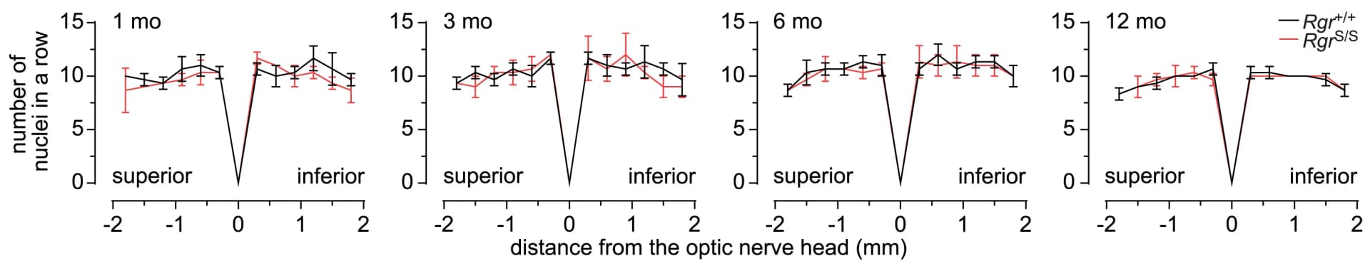 Open access visualization of Line Plot, Error Bars, Nuclei Quantification, Histological Sections, Rgr+/+ Mice