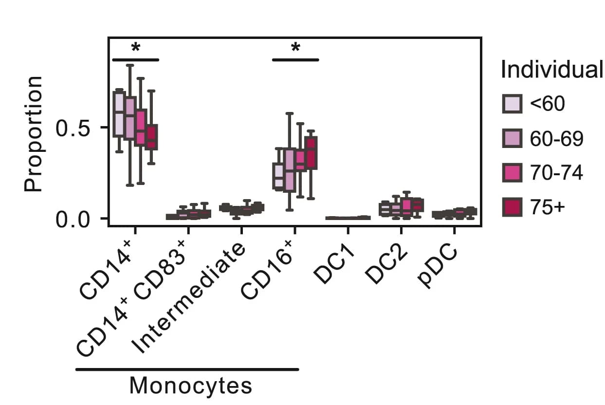 Open access visualization of Box Plot, Myeloid Cell Subsets, mRNA booster, Individuals, Age Groups
