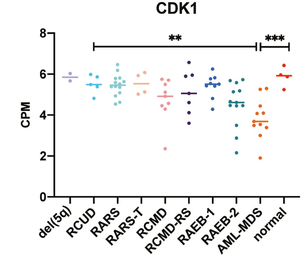 Open access visualization of Scatter Plot, Mitotic gene expression, Bone marrow CD34+ cells, MDS, AML