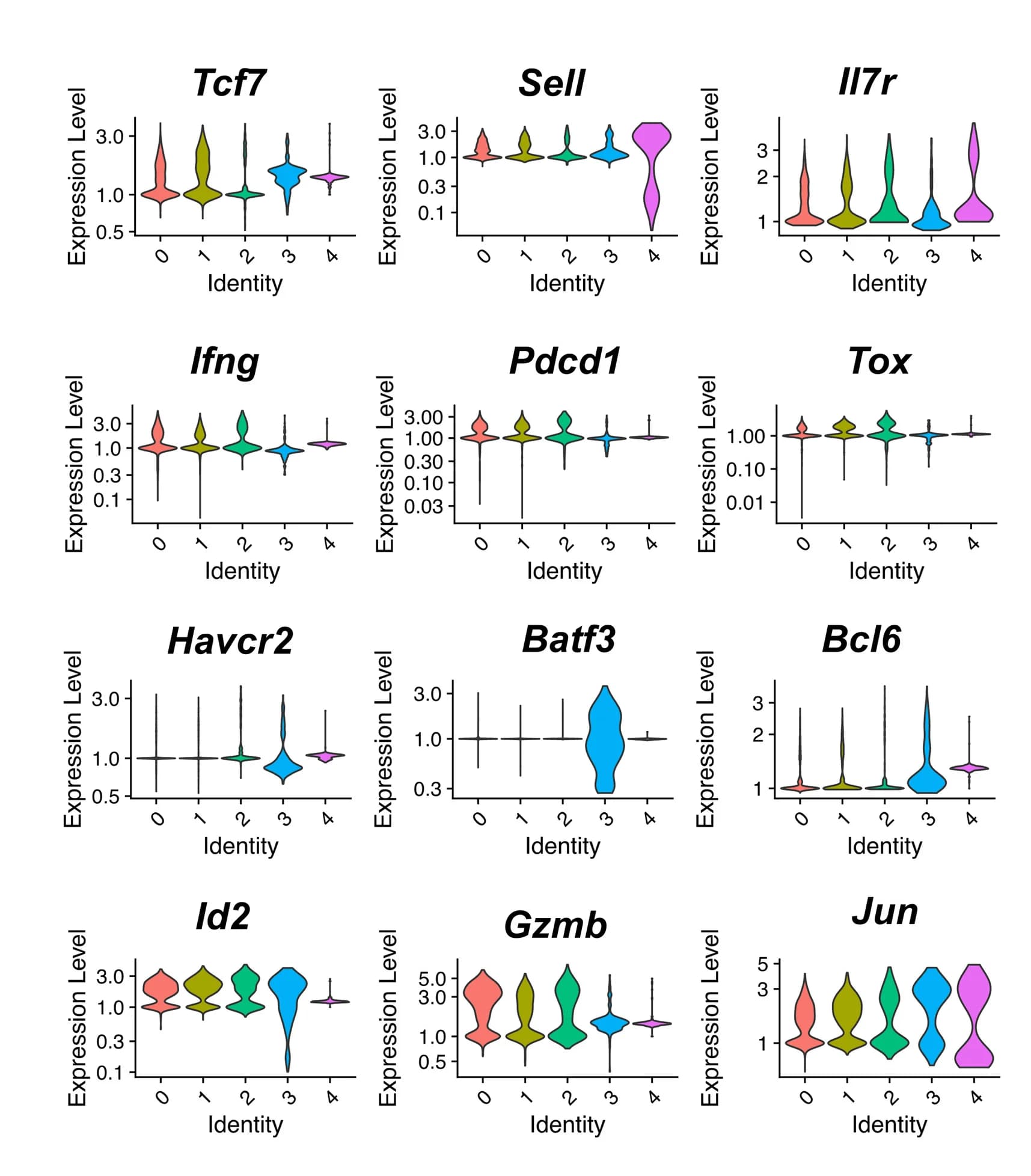 Open access visualization of Violin Plot, Genes, T Cell Differentiation, Clusters