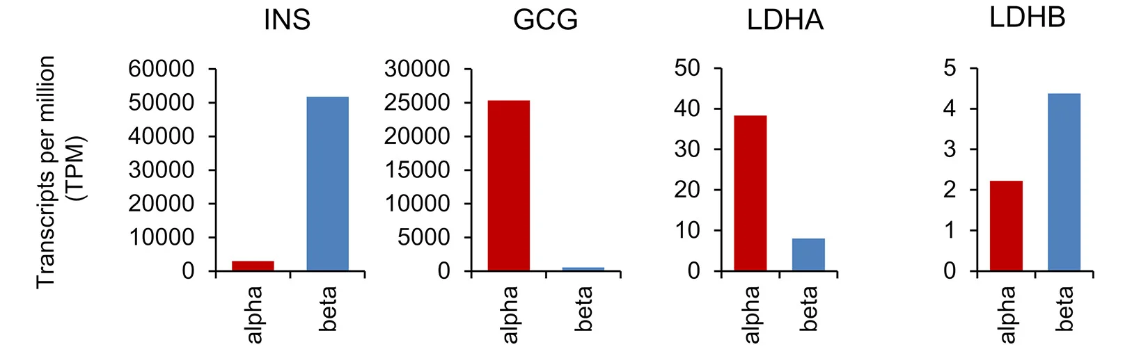 Open access visualization of Bar Plot, mRNA Levels, INS Gene, GCG Gene, LDHA Gene