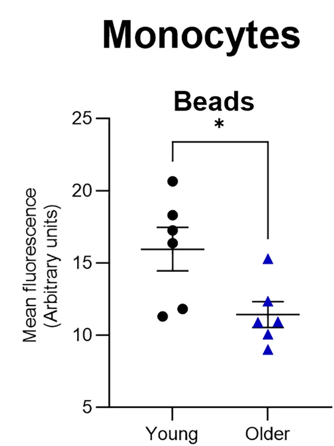 Open access visualization of Scatter Plot, Error Bars, Bead Uptake, Fluorescence Intensity, Monocytes