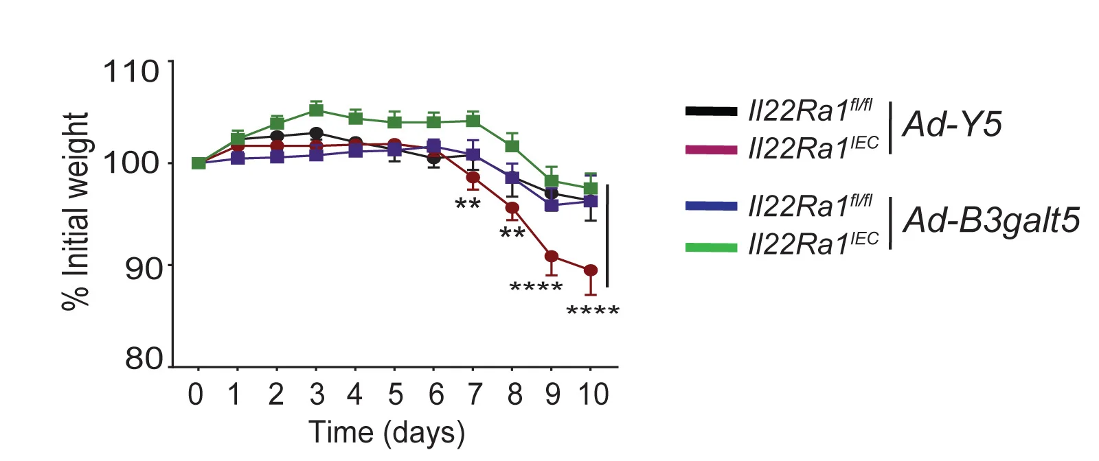 Open access visualization of Line Plot, Error Bars, Weight Loss, Distal Colon Tissue, Il22Ra1fl/fl Mice