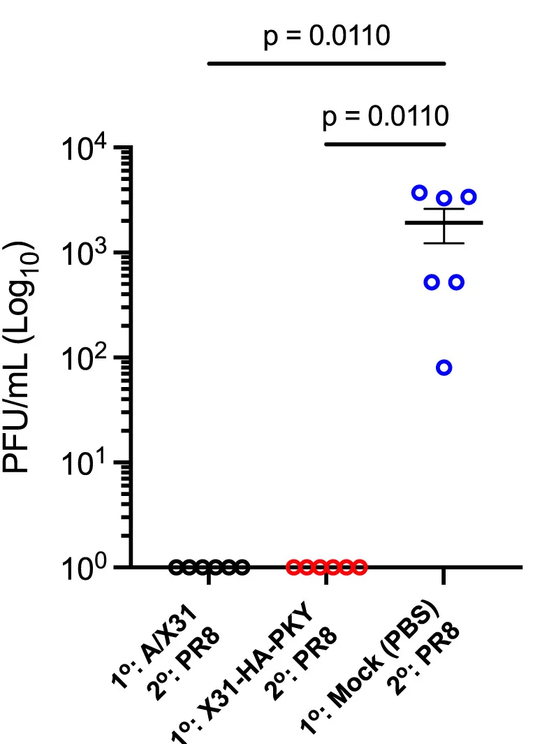 Open access visualization of Scatter Plot, Error Bars, Lung Viral Titers, HLA-DR1 Mice, A/X31