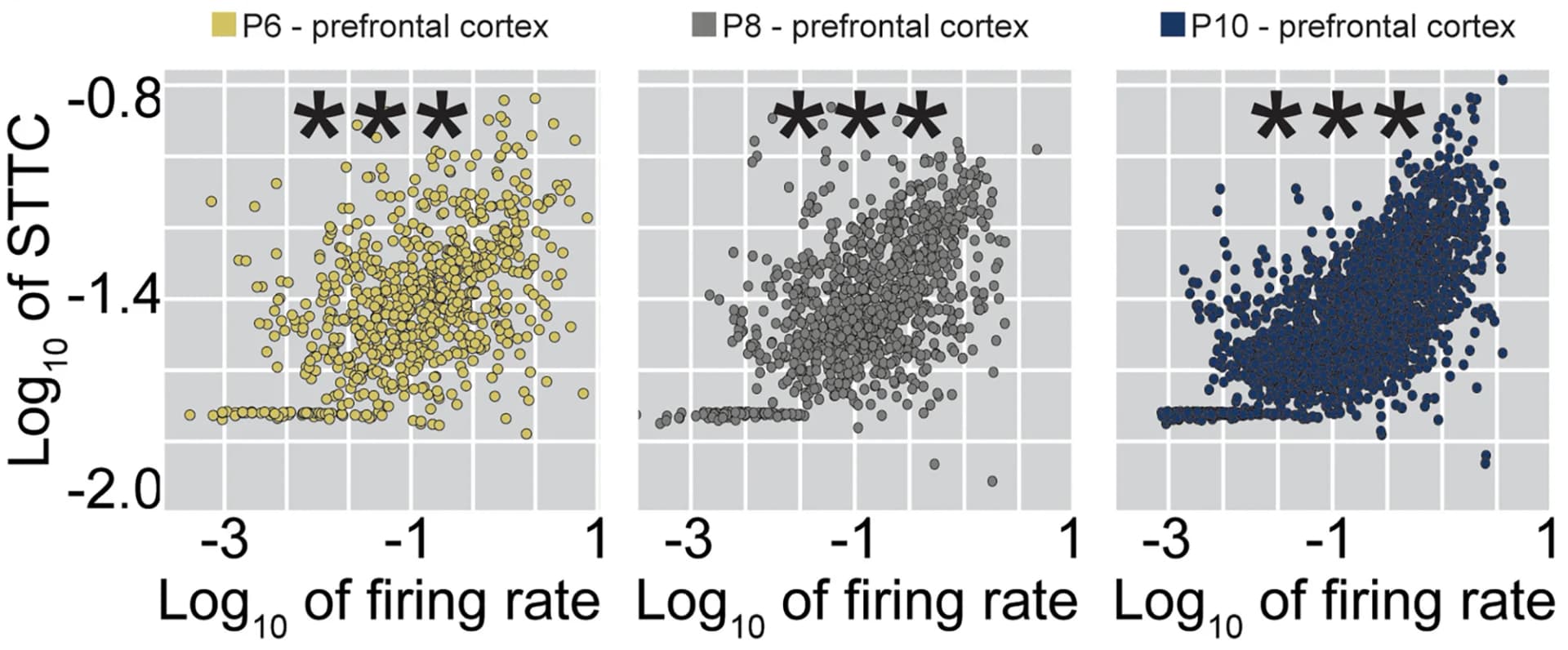 Open access visualization of Scatter Plot, Scatterplot, Log-transformed STTC, Prefrontal Neurons, Firing Rate