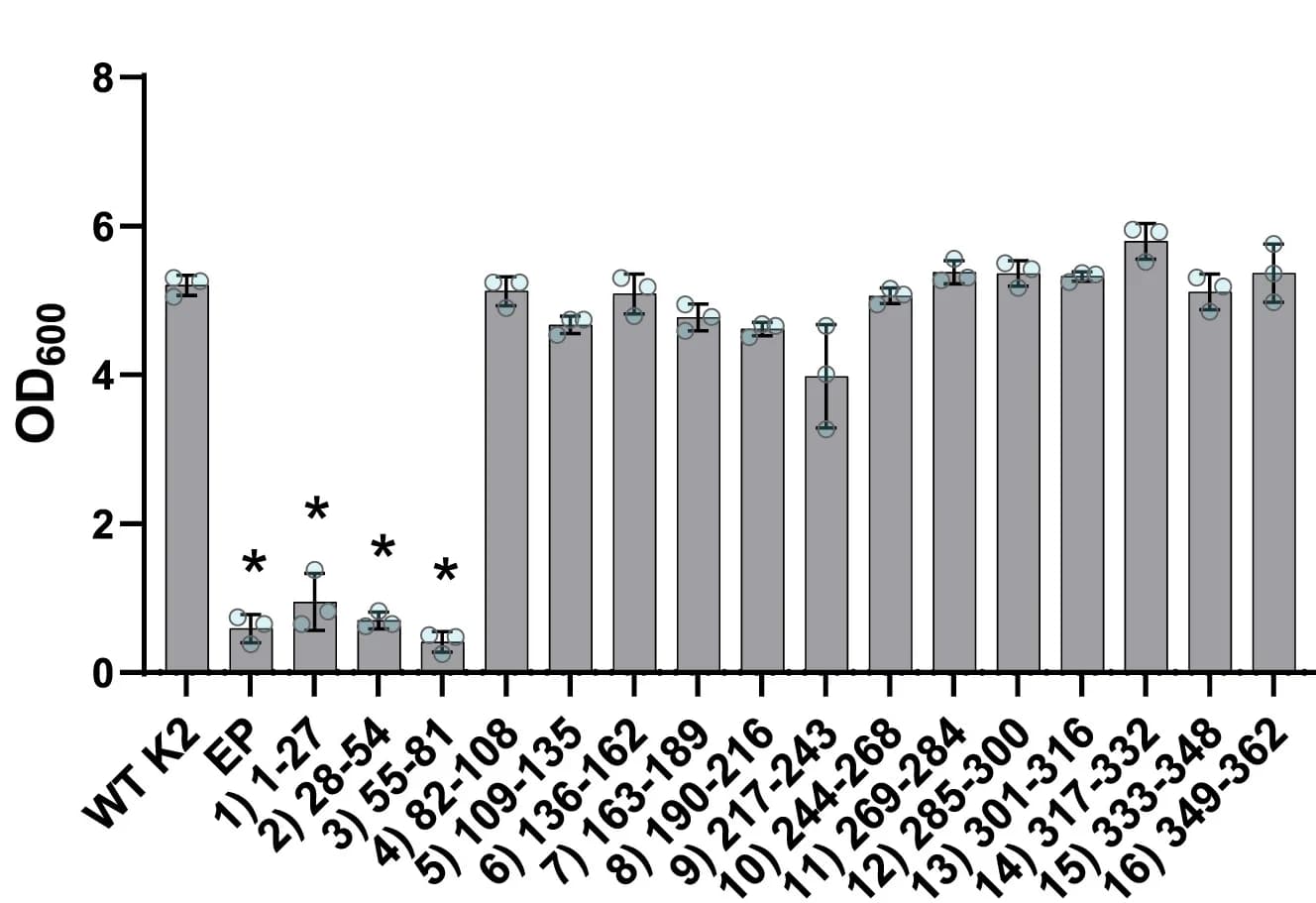 Open access visualization of Bar Plot, Error Bars, S. cerevisiae Transformants, K2 Toxin, Optical Density