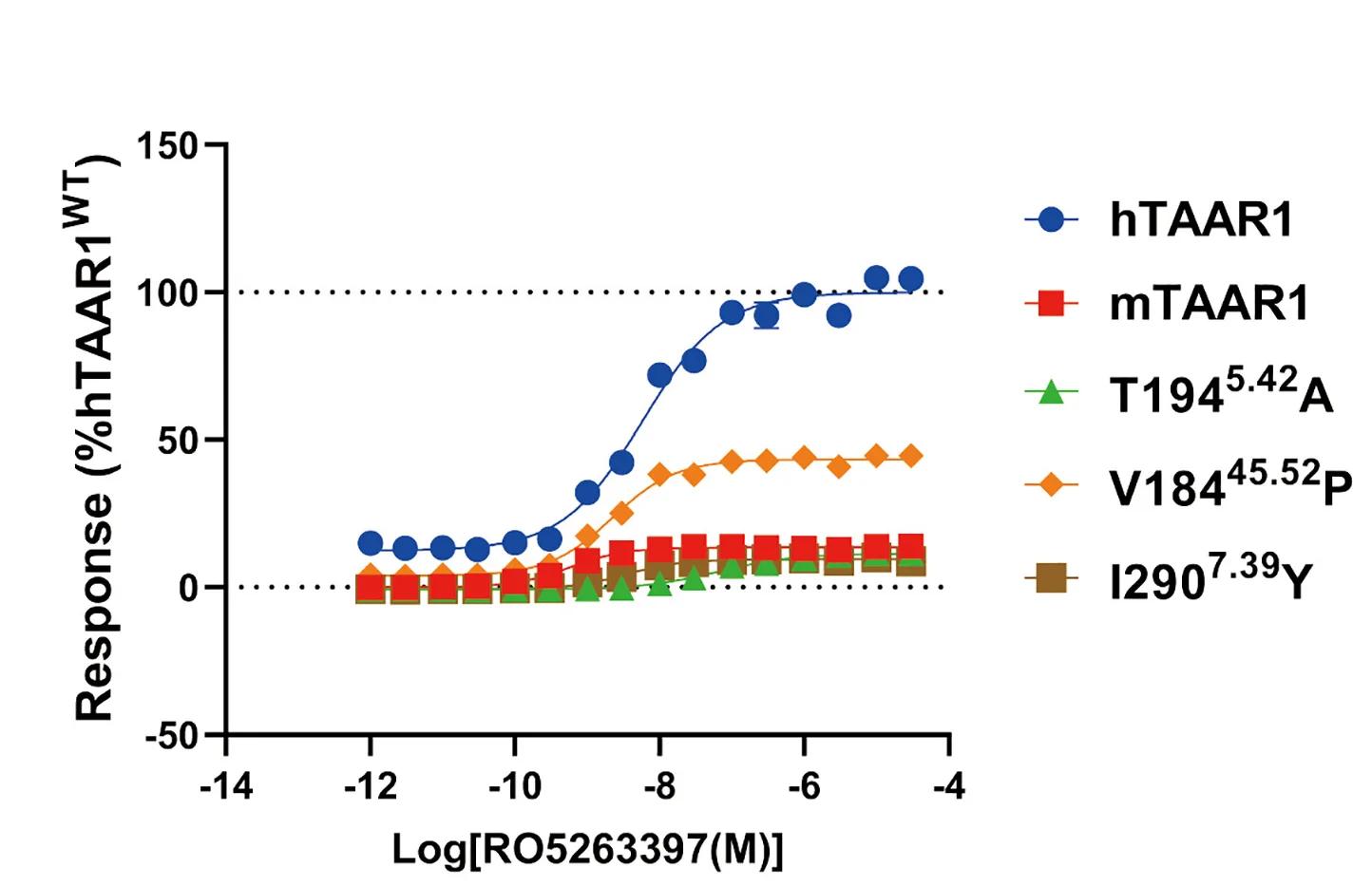 Open access visualization of Line Plot, Mutations, hTAAR1, RO5263397, Gs Signaling
