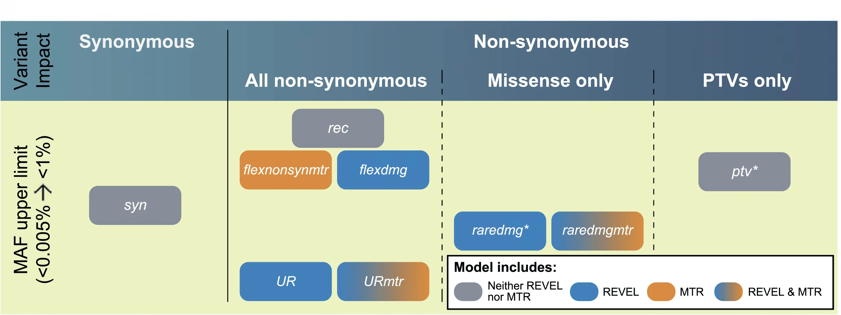 Open access visualization of Table Image, Gene-Level Collapsing Models, Minor Allele Frequency, Variant Impact, Missense Scores