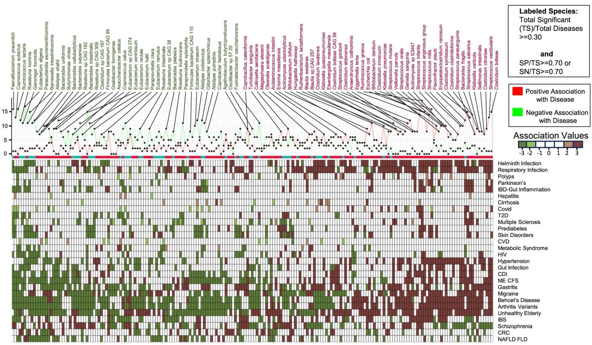 Open access visualization of Line Plot, Heatmap, Association Values, Disease Categories, Taxa