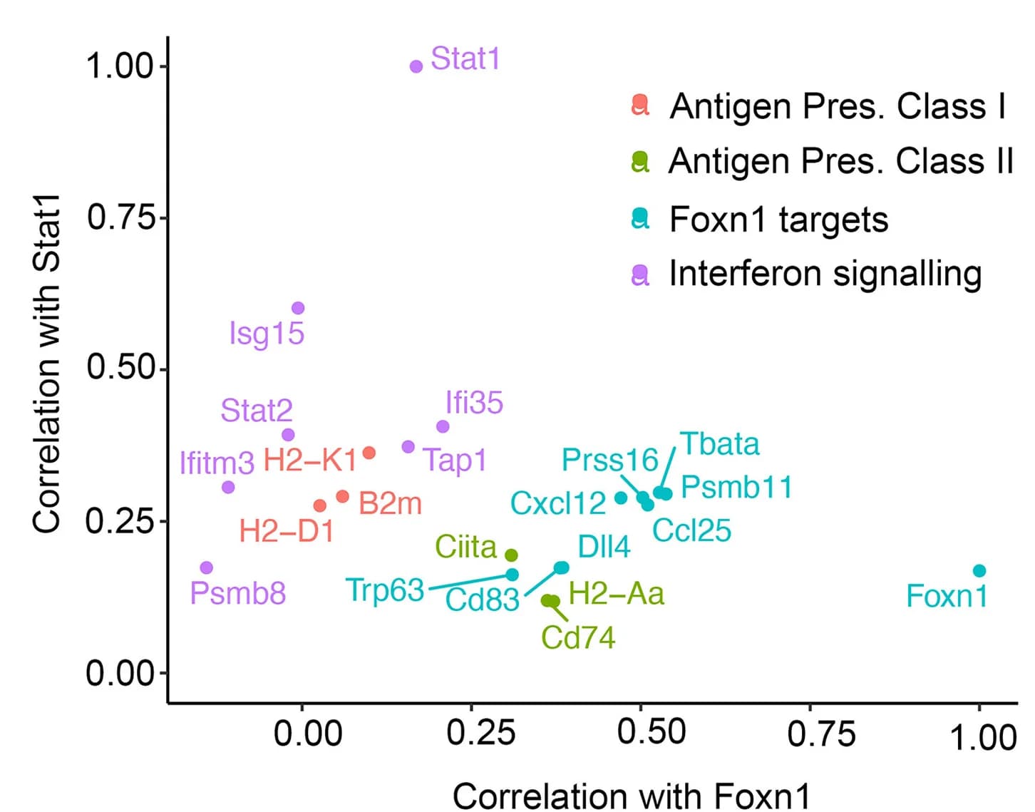Open access visualization of Scatter Plot, Correlation, Foxn1 Expression, Stat1 Expression, Differentially Expressed Genes
