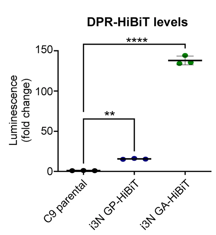 Open access visualization of Scatter Plot, HiBiT Luminescence, DPReporter Cells, DPRs, ANOVA