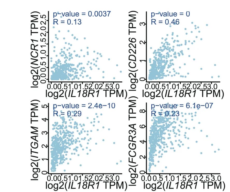 Open access visualization of Scatter Plot, Regression Plot, Correlation Analysis, IL18R1, NCR1