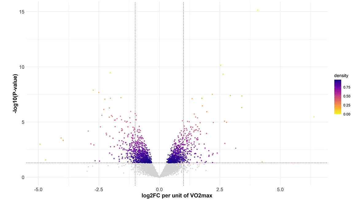 Open access visualization of Volcano Plot, Scatter Plot, Effect Size, VO2max, Transcript