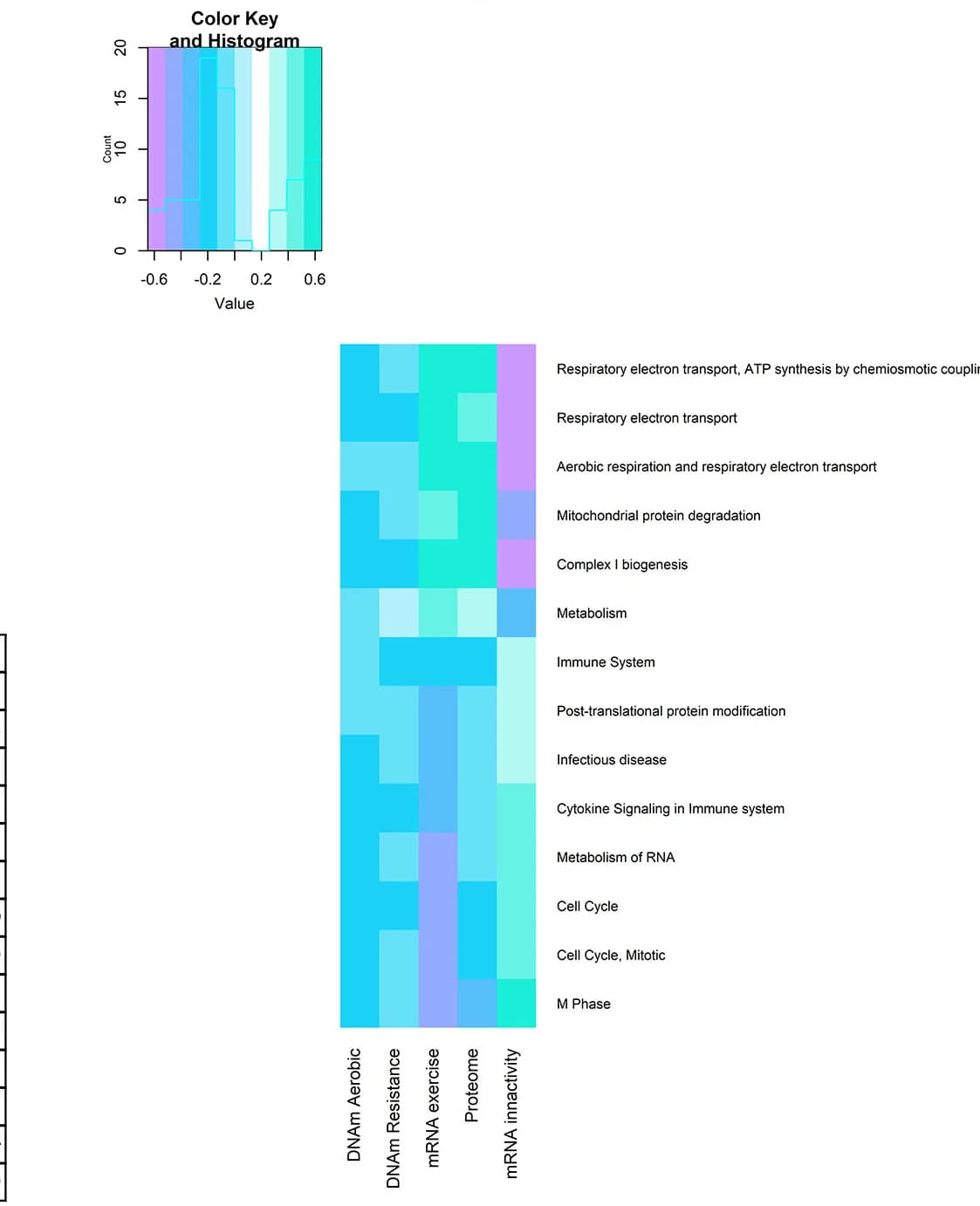 Open access visualization of Heatmap, Histogram, Integration Pathways, Inverse Relationship, Exercise