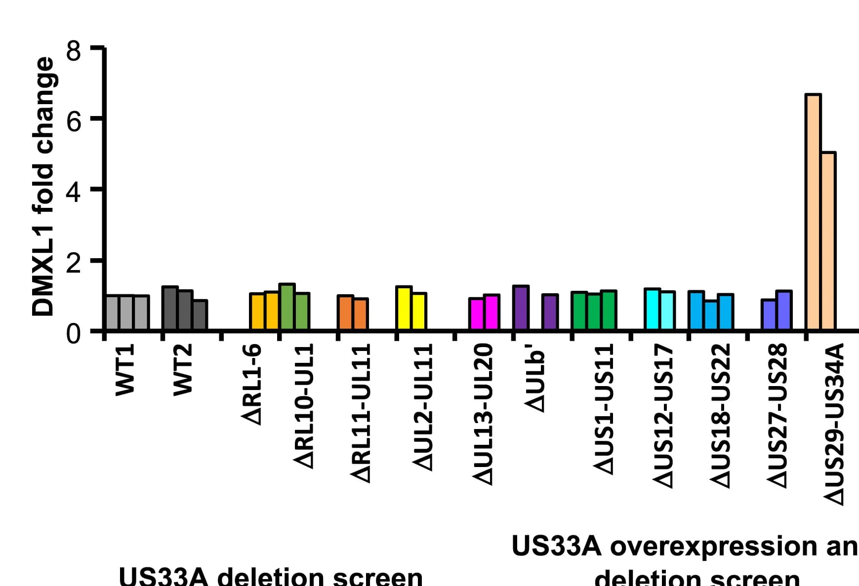 Open access visualization of Bar Plot, Clustered, Proteomic Screen, Viral Mutants, DMXL1