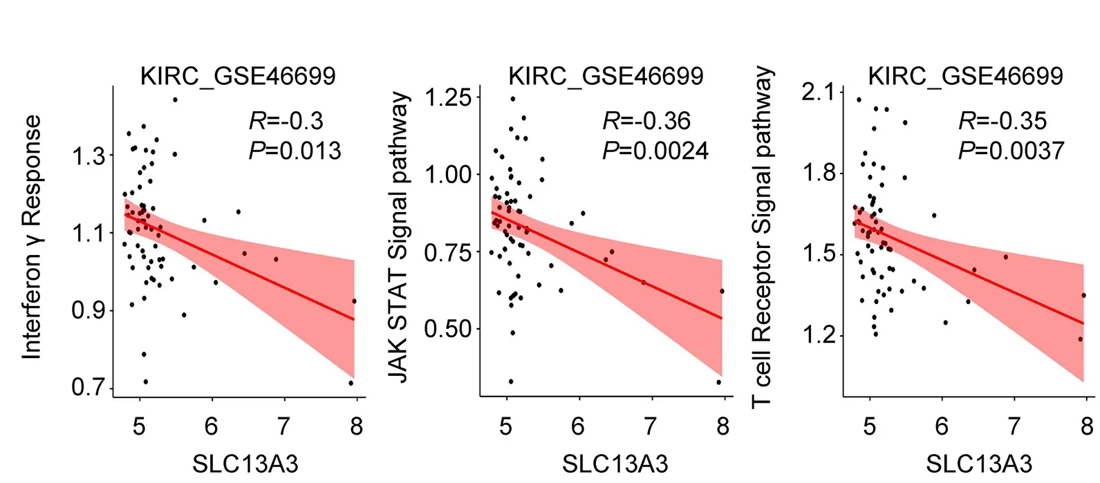 Open access visualization of Scatter Plot, Regression Plot, Pearson’s Correlation, SLC13A3 Expression, IFN Response