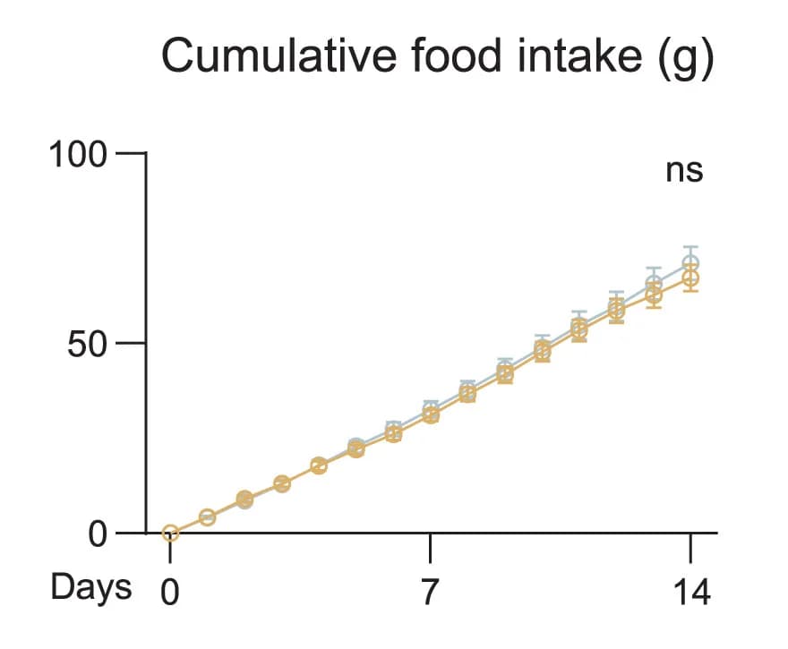 Open access visualization of Line Plot, Error Bars, Cumulative Food Intake, Chow-fed mc4r-/- mice, Rapamycin