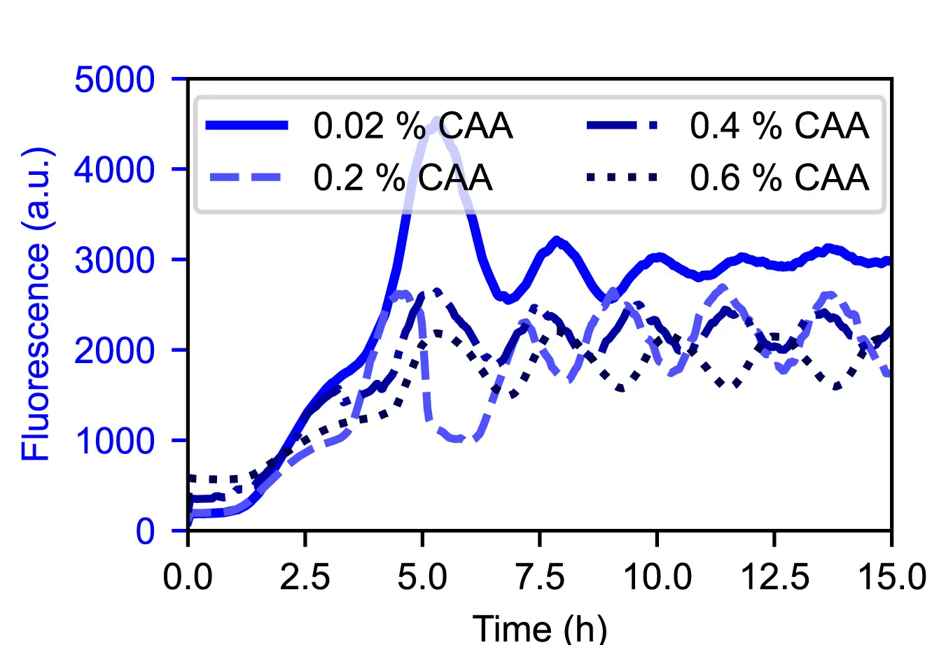 Open access visualization of Line Plot, Fluorescence, P. putida OUS82, Monocultures, CAA Concentrations