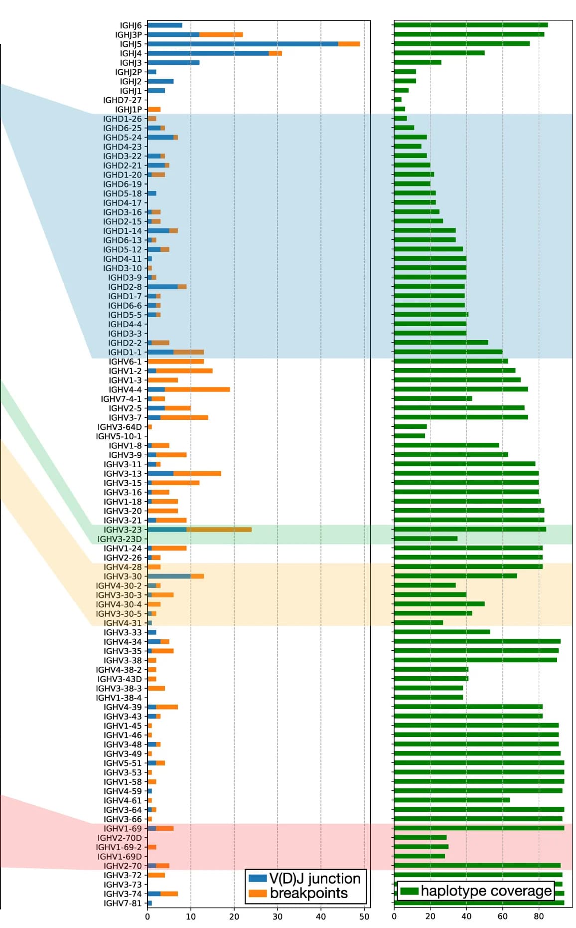 Open access visualization of Bar Plot, V(D)J Junctions, Breakpoints, HPRC Haplotypes, IGH Gene Segments