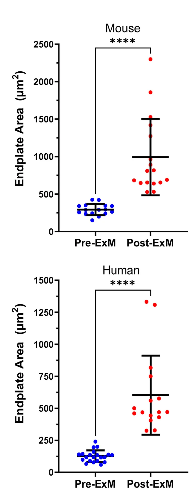 Open access visualization of Scatter Plot, Error Bars, NMJ Endplate Area, Morphological Variable, Mouse