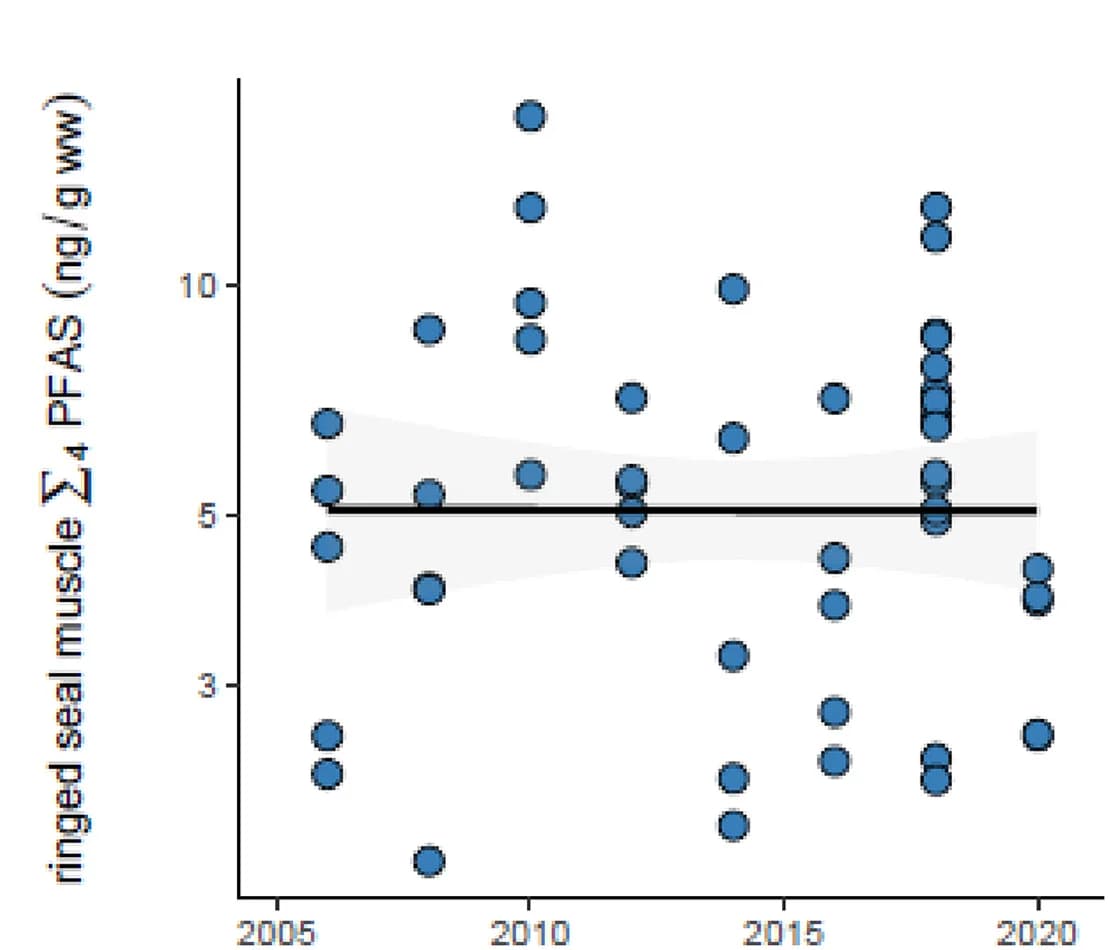 Open access visualization of Scatter Plot, Regression Plot, Ringed Seal Muscle, 4PFAS, Annual Medians