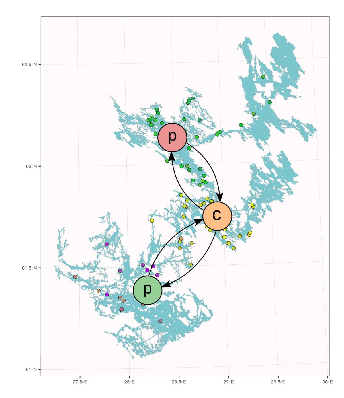 Open access visualization of Geo Map, Saimaa Ringed Seal, Population Differentiation, Migration, Subpopulations