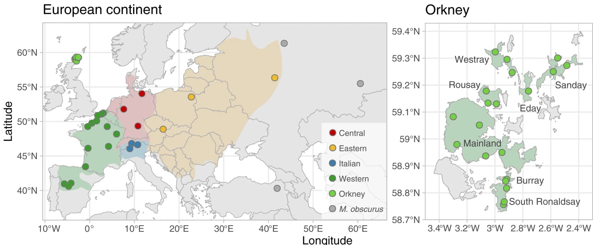 Open access visualization of Geo Map, Sampling locations, Distribution range, Common vole, Microtus arvalis