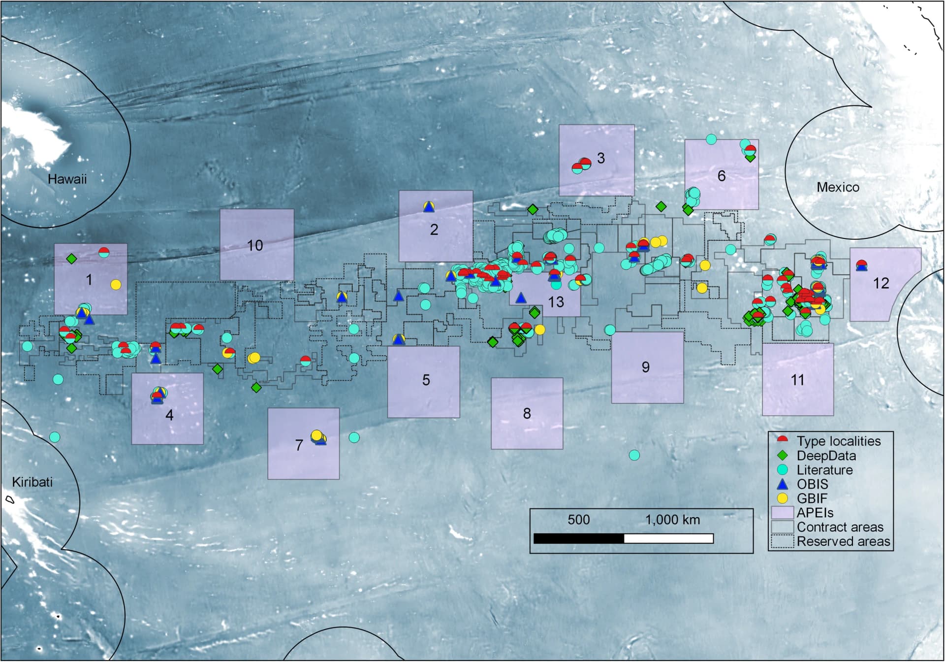 Open access visualization of Geo Map, Areas of Particular Environmental Interest, Exploration mining contract areas, Type localities, Species