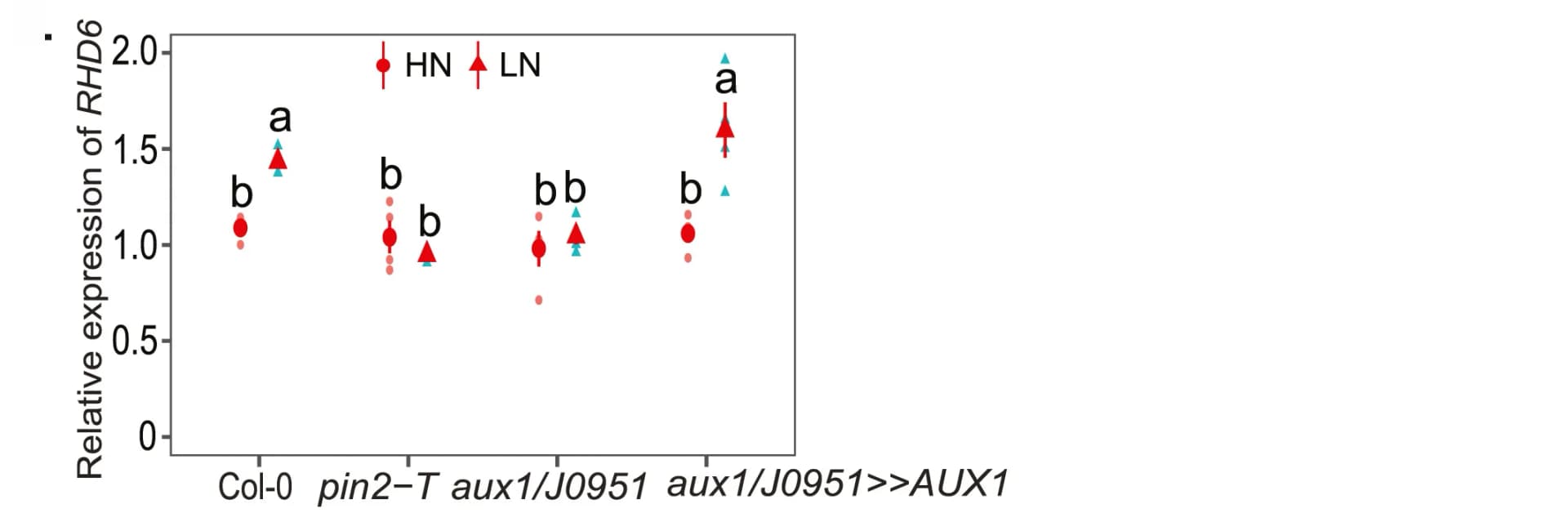Open access visualization of Scatter Plot, Error Bars, Transcript Levels, qPCR, Root Hair Zone