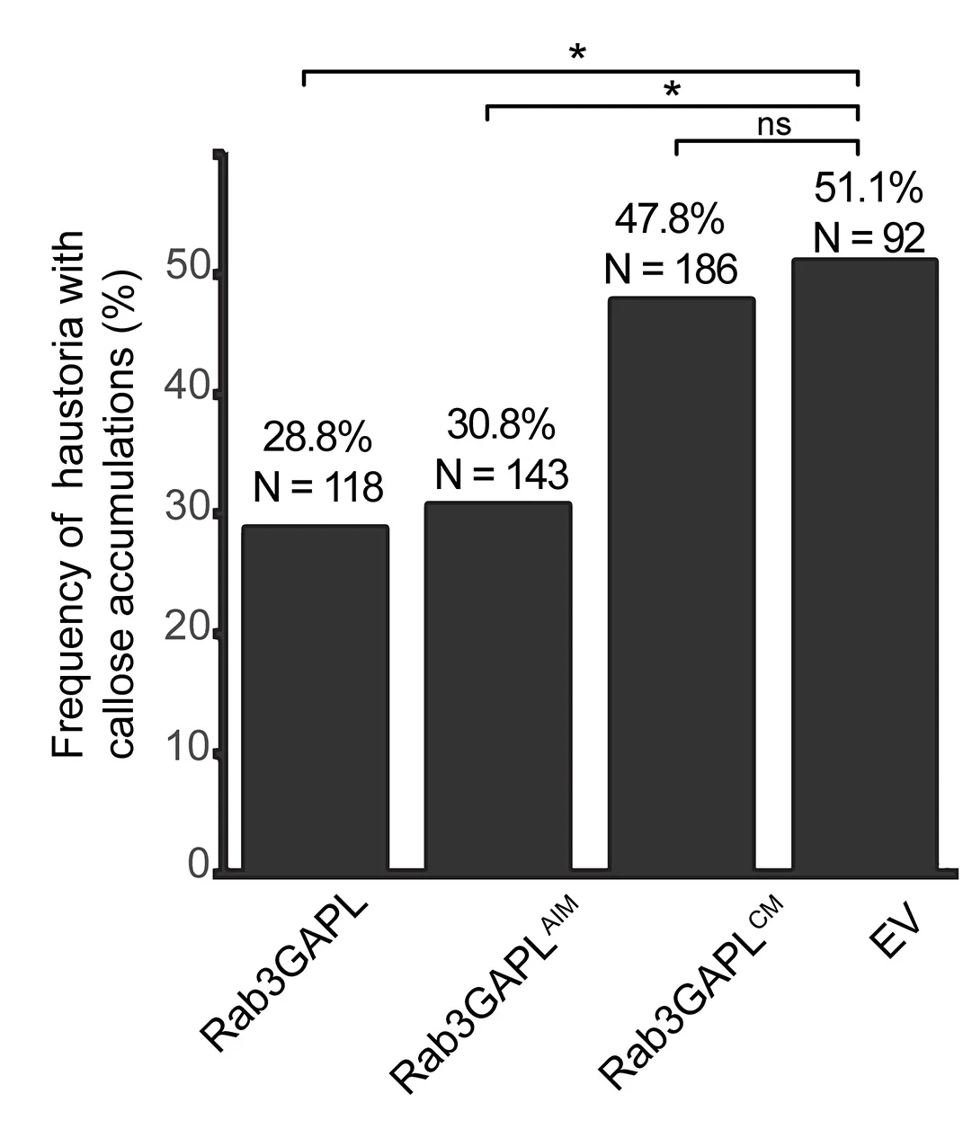 Open access visualization of Bar Plot, Rab3GAPL Expression, Rab3GAPLAIM Expression, Callose Deposition, Haustoria