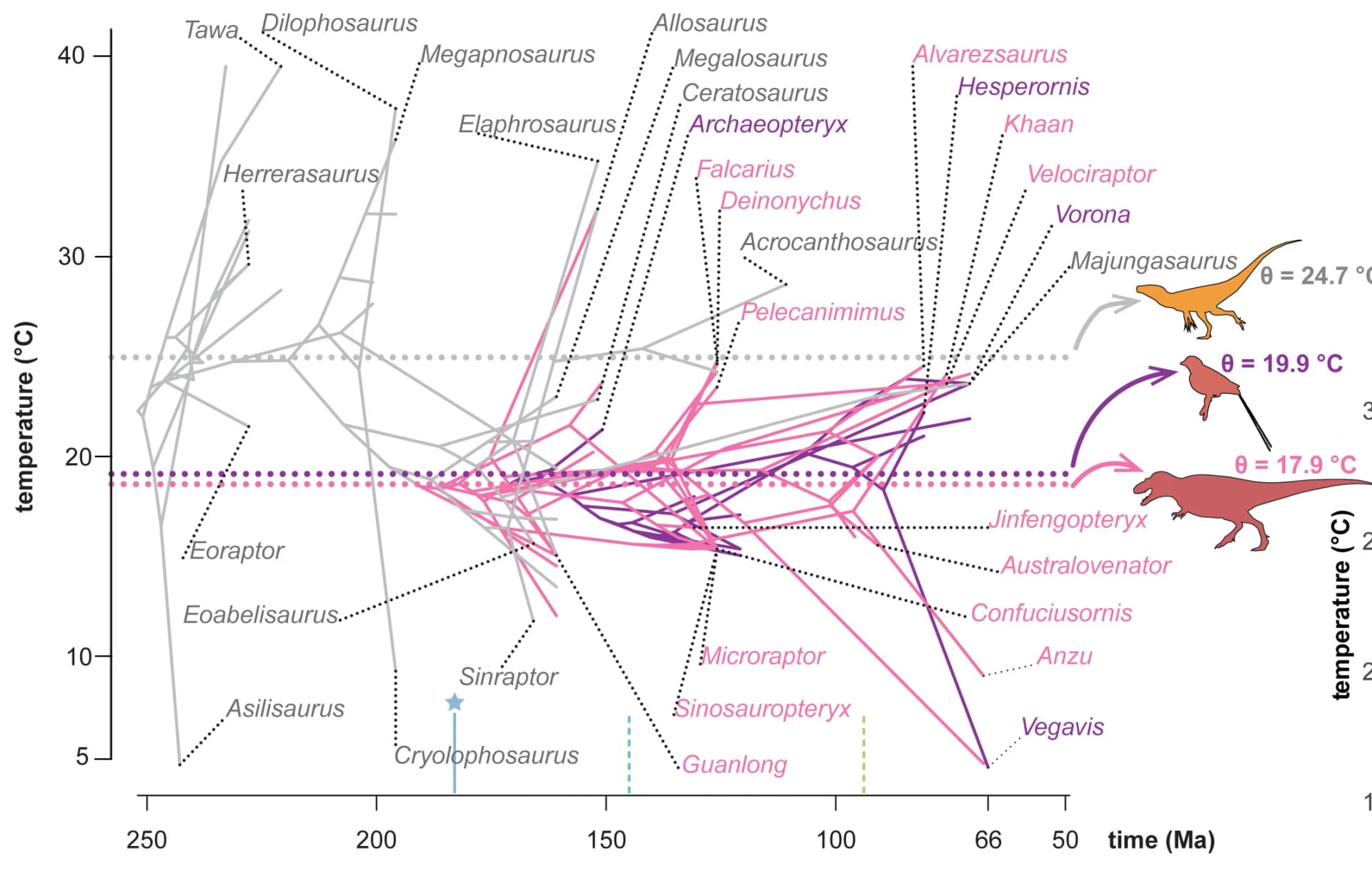 Open access visualization of Line Plot, Clade Partitions, Theropoda, Phylogenetic Tree, Temperature Optima