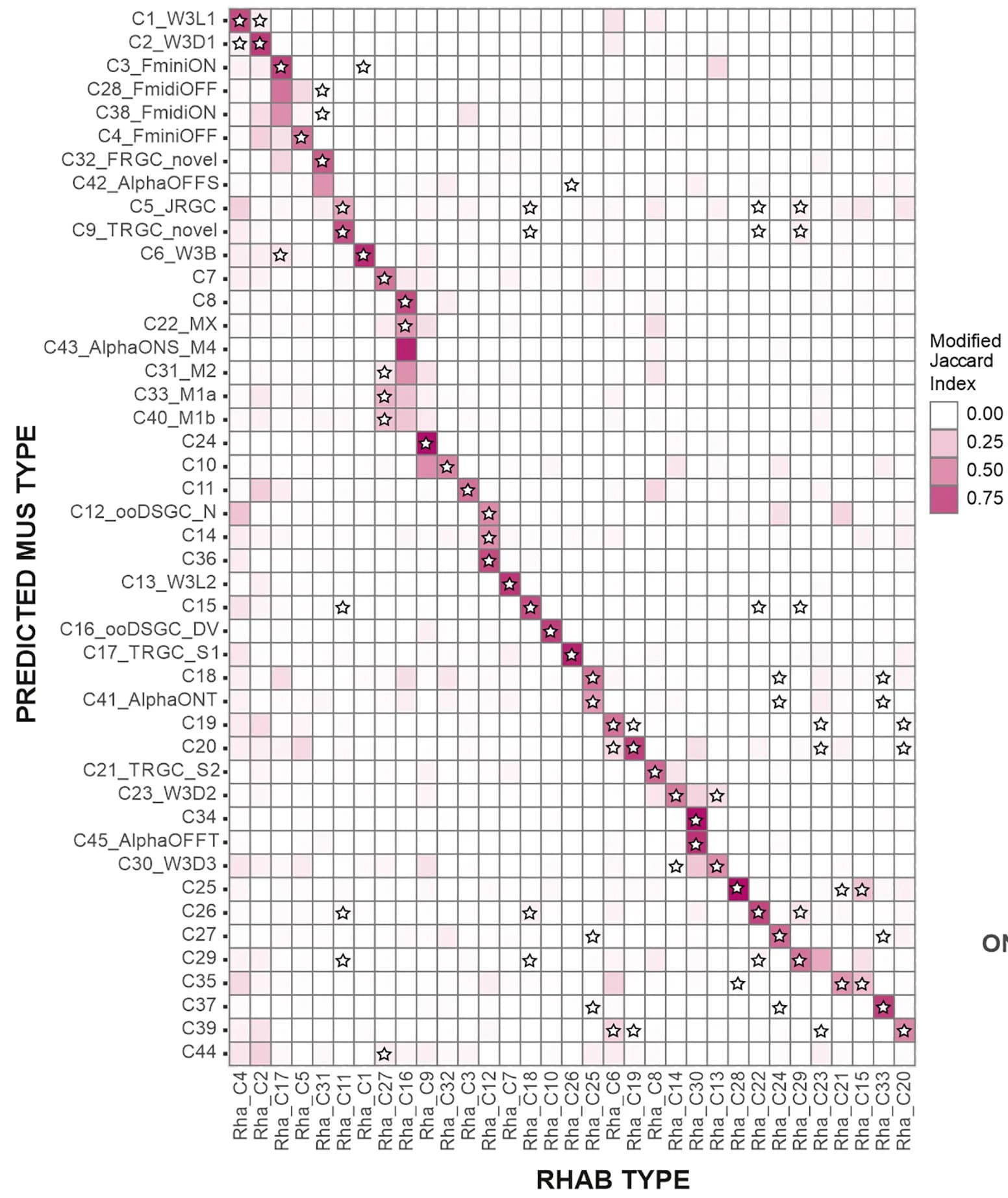 Open access visualization of Heatmap, Clustered, Confusion Matrix, Transcriptional Correspondence, Rhabdomys RGC Cluster