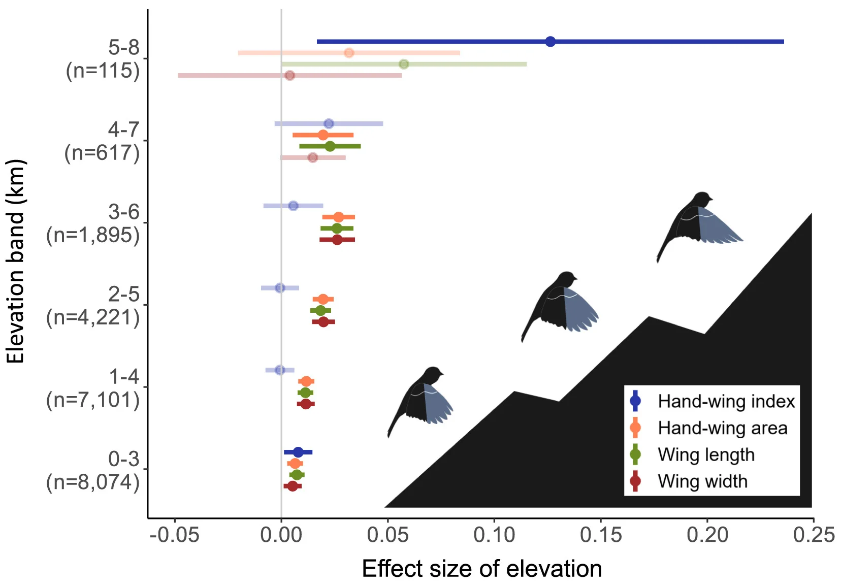 Open access visualization of Error Bars, Wing Morphology, Elevation, Phylogenetic Models, Flight Mode