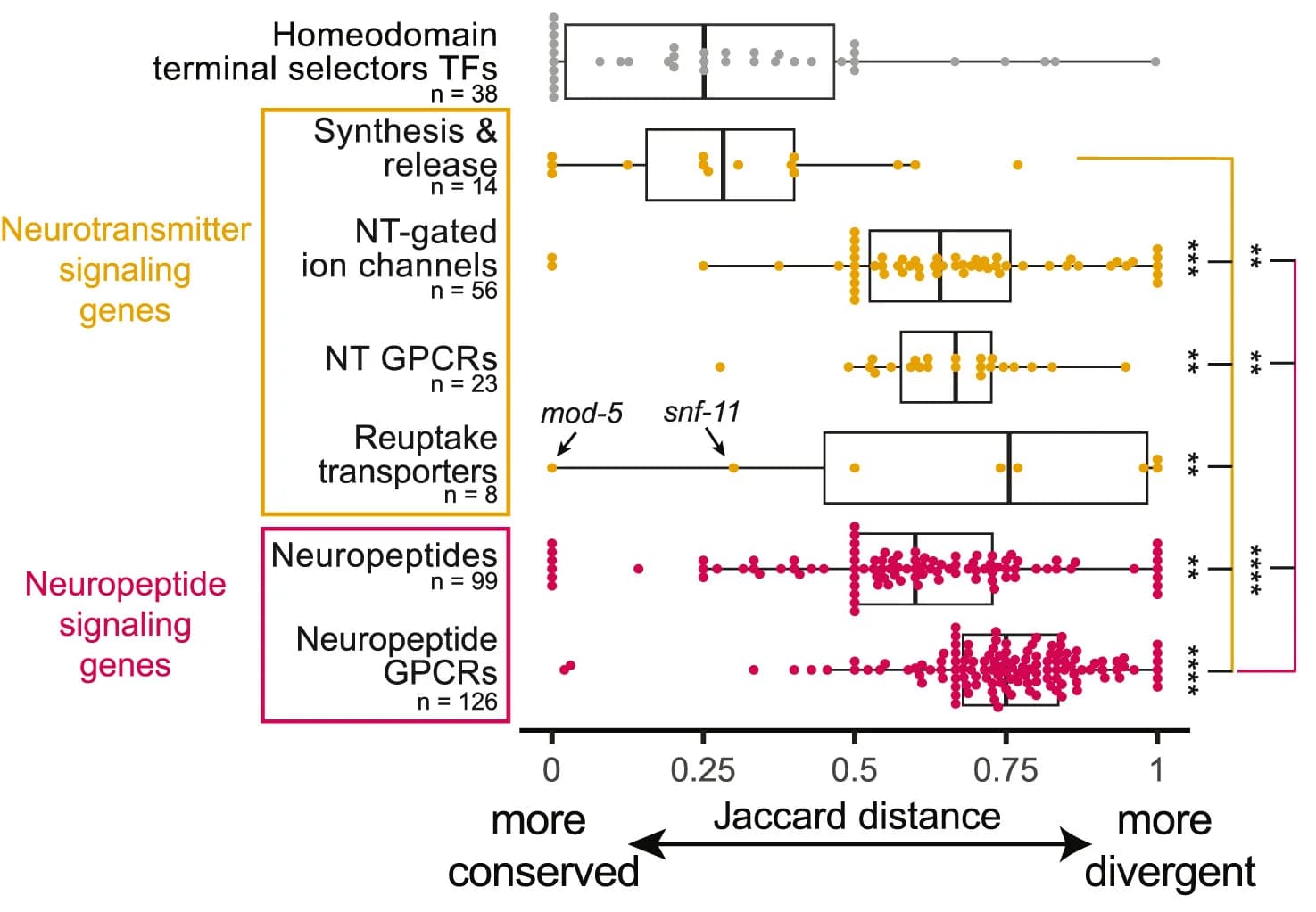 Open access visualization of Box Plot, Scatter Plot, Jaccard Distances, Genes, Neurotransmitter Signaling