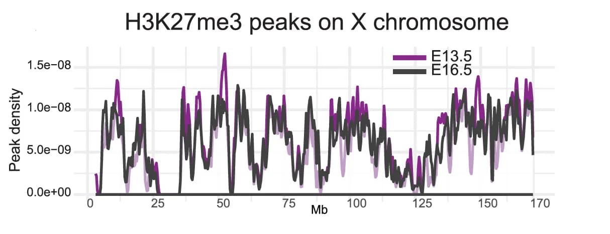 Open access visualization of Line Plot, H3K27me3 Peak Density, X Chromosome, E13.5 Oogonia, E16.5 Oogonia
