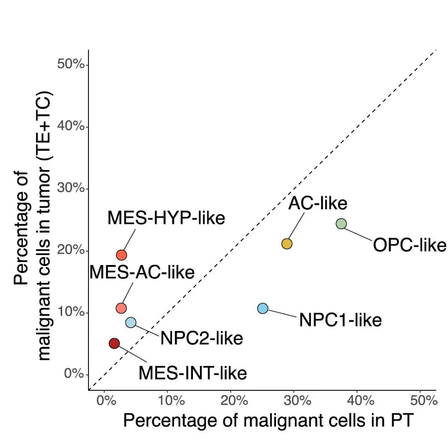 Open access visualization of Scatter Plot, Malignant Cell States, Percentage, Tumor Bulk