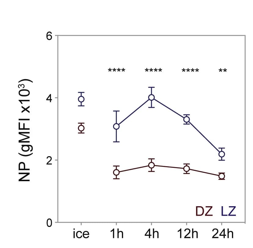 Open access visualization of Line Plot, Error Bars, Geometric Mean Fluorescence Intensity, NP-AF647, DZ