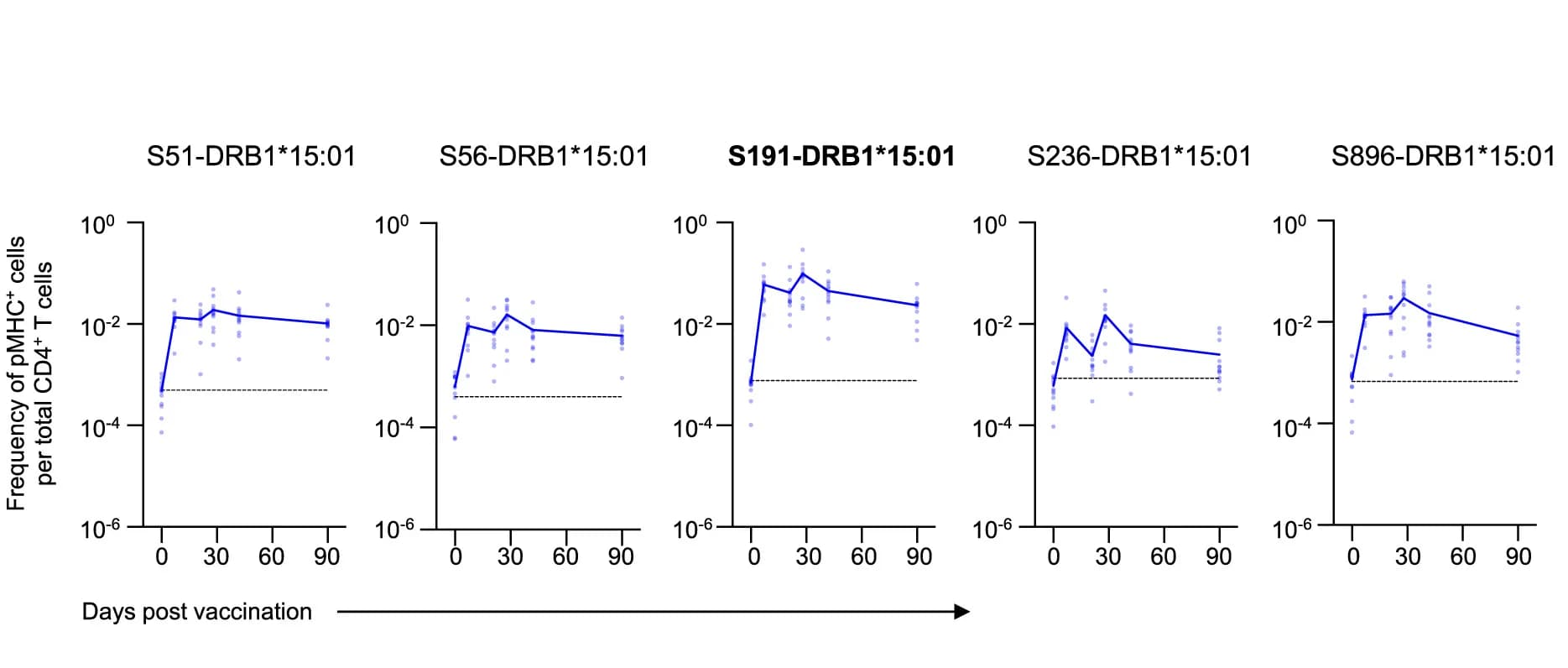 Open access visualization of Line Plot, Scatter Plot, CD4+T Cell Responses, SARS-CoV-2 Epitopes, HLA-DRB*15:01 Vaccinees