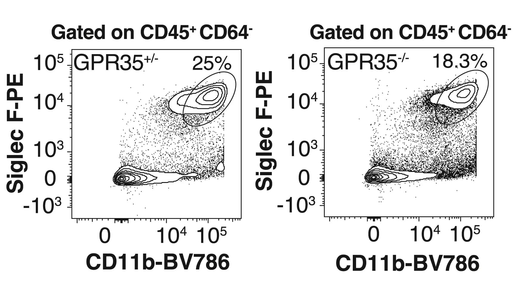 Open access visualization of Scatter Plot, Flow cytometry, SiglecF+CD11b+ eosinophils, GPR35+/-, GPR35-/-
