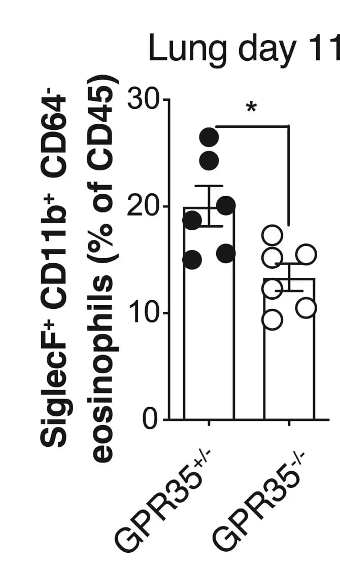 Open access visualization of Bar Plot, Error Bars, Scatter Plot, SiglecF+CD11b+CD64- eosinophil percentages, CD45+ cells