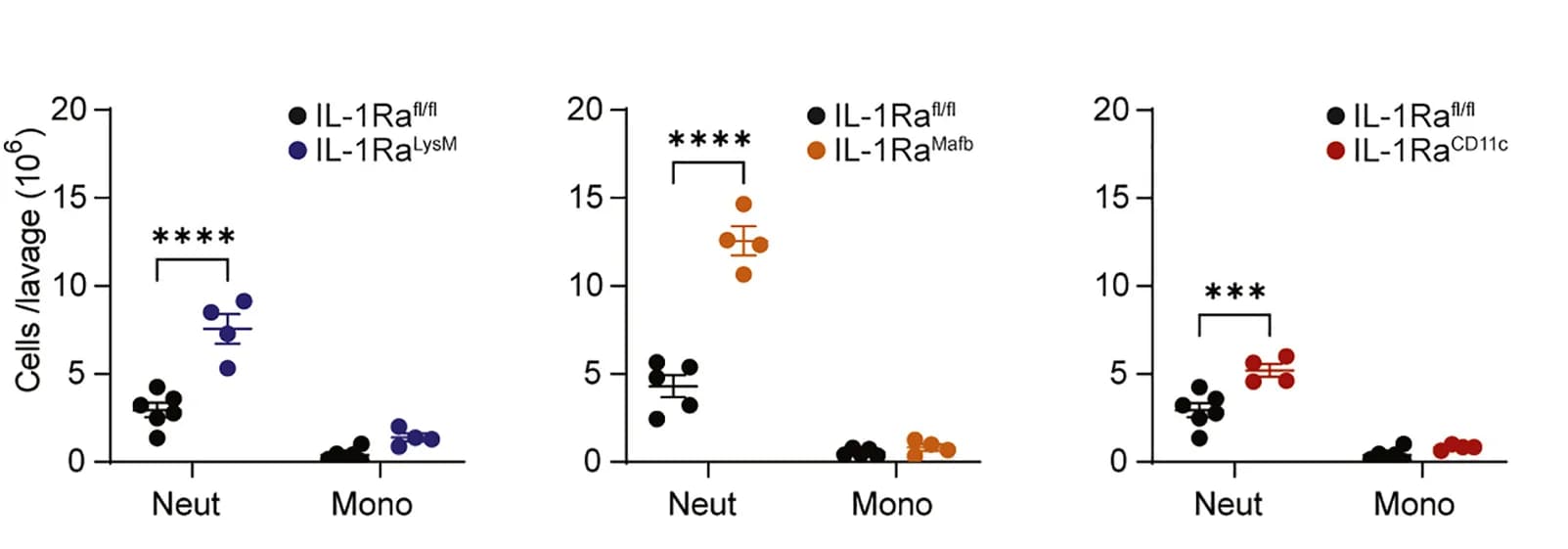 Open access visualization of Scatter Plot, Error Bars, Neutrophil Count, Monocyte Count, Peritoneal Lavage