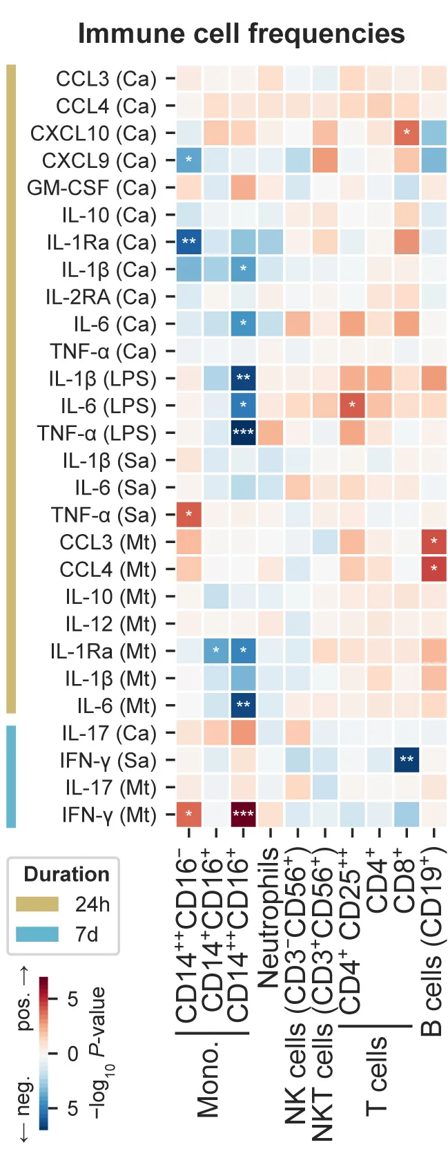 Open access visualization of Heatmap, Immune Cell Frequencies, Baseline, BCG Vaccination, Cytokine Production